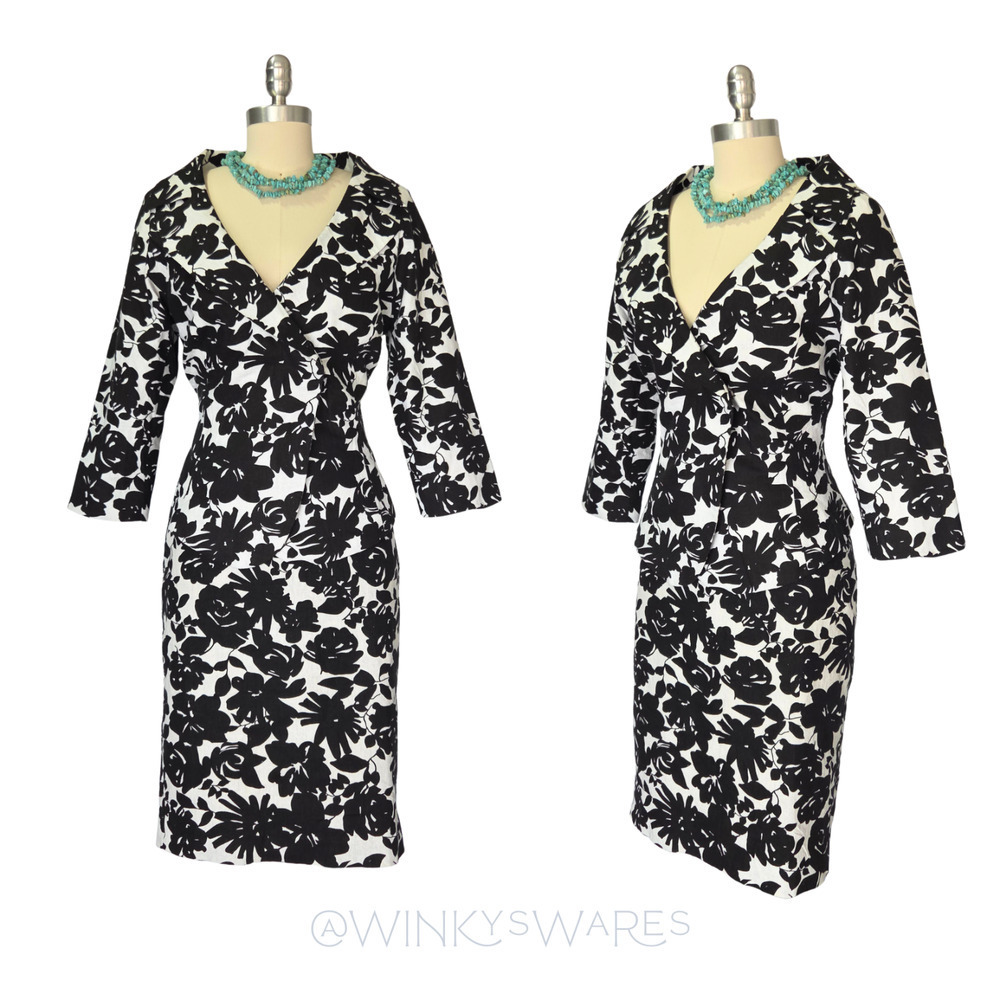 Linen Blend Skirt Suit Size 10 Black White Floral Newport News Vintage 90s
